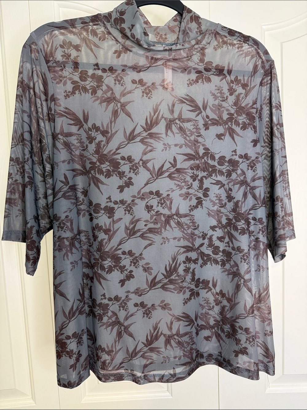 Anthropologie Sheer Floral Short-Sleeve Mock Neck Shirt - Brown on Gray